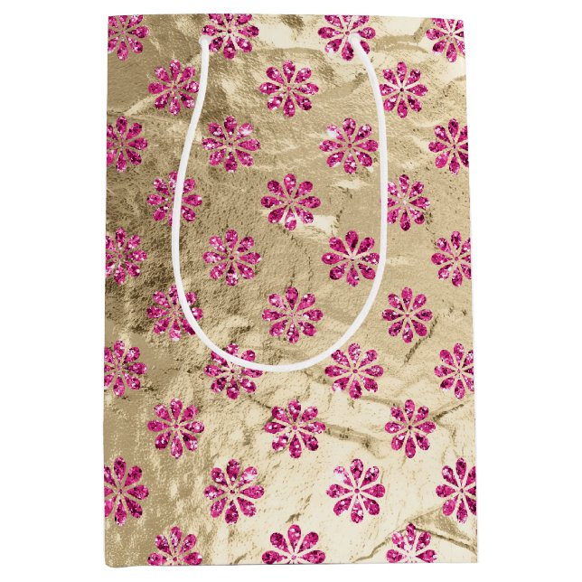 Champagne Gold Pink Glitzy Flowers Medium Gift Bag (Front)