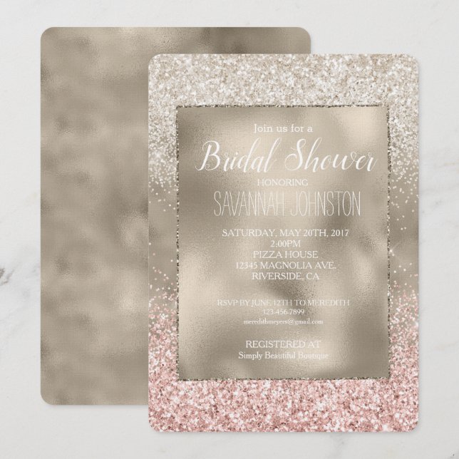 Champagne Gold Pink White Glitter Bridal Shower Invitation (Front/Back)