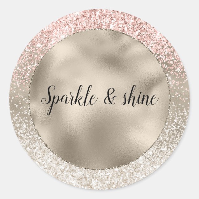Champagne Gold Pink White Glitzy Glitter Classic Round Sticker (Front)