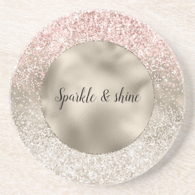 Champagne Gold Pink White Glitzy Glitter Coaster (Front)