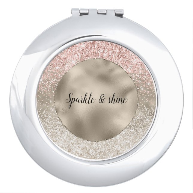 Champagne Gold Pink White Glitzy Glitter Compact Mirror (Front)