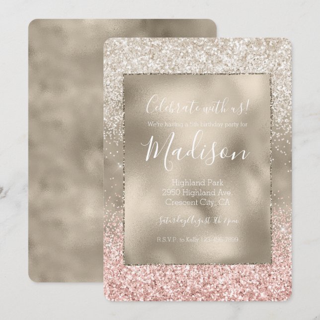 Champagne Gold Pink White Glitzy Glitter Invitation (Front/Back)