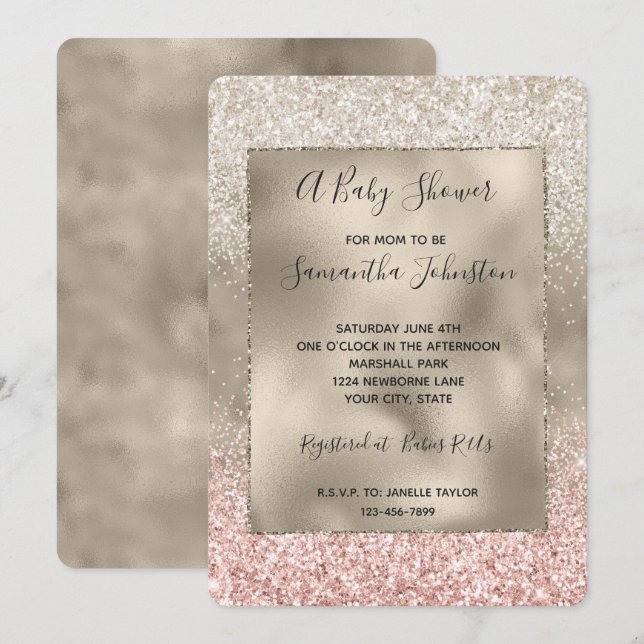 Champagne Gold Pink White Glitzy Glitter Invitation (Front/Back)