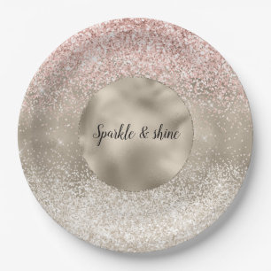 Champagne Gold Pink White Glitzy Glitter Paper Plates
