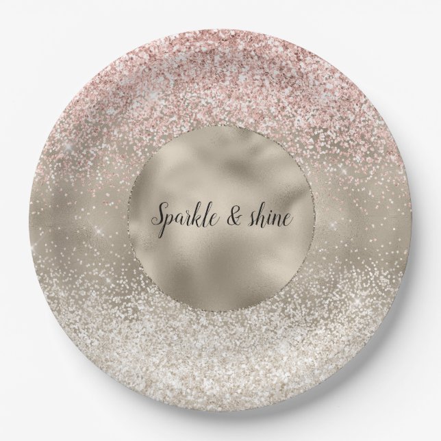 Champagne Gold Pink White Glitzy Glitter Paper Plates (Front)