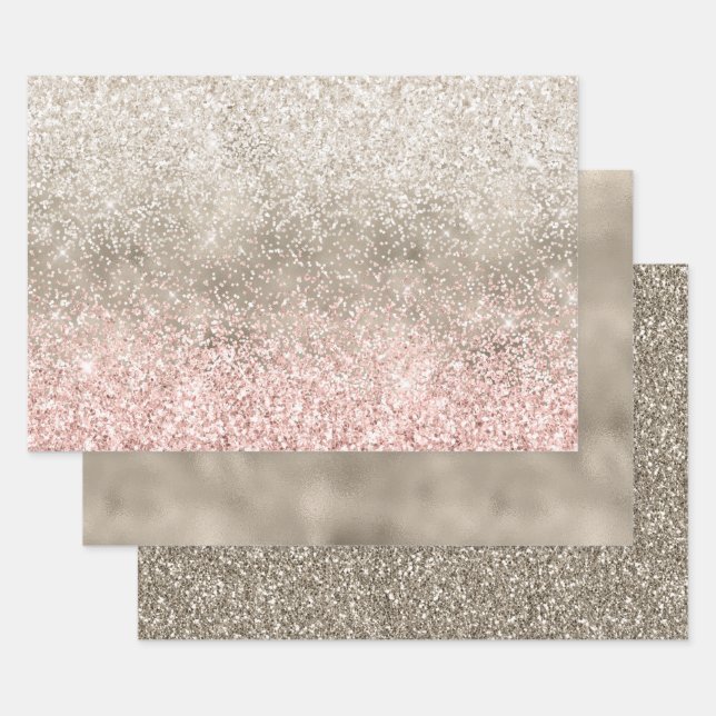 Champagne Gold Pink White Glitzy Glitter Wrapping Paper Sheets (Set)