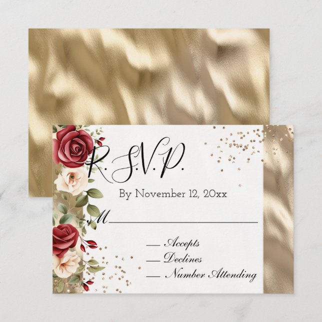 Champagne Gold Red Cream Roses Wedding Enclosure Card (Front/Back)