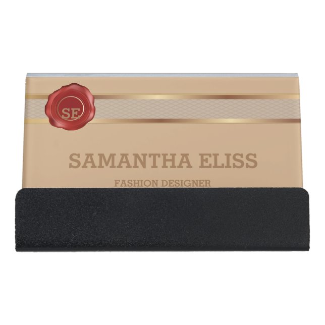 Champagne Gold Red Wax Seal Custom Desk Business Card Holder (Front)