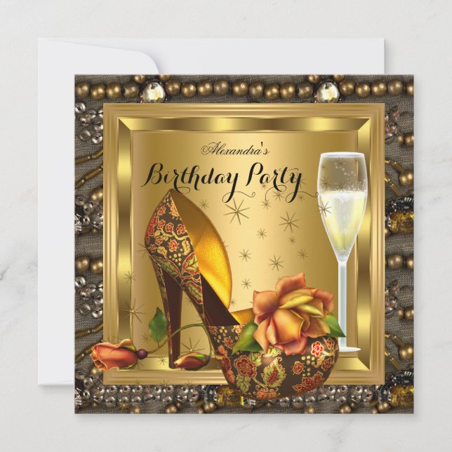 Champagne Gold Roses Heels Elegant Birthday Party Invitation (Front)