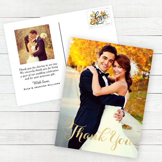 Champagne Gold Script Wedding Photo Thank You Postcard (Creator Uploaded)