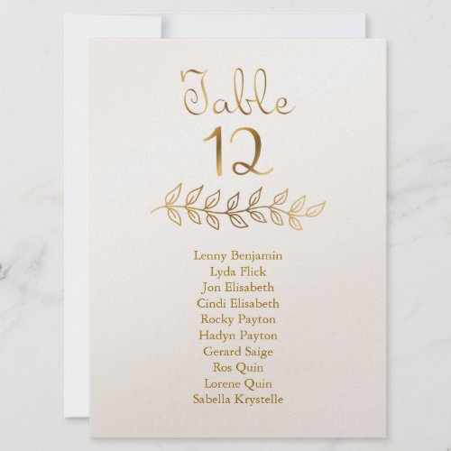 Champagne Gold Table Number 12 Seating Chart
