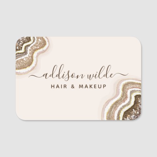 Champagne Gold Tan Brown Glitter Agate Geode Name Tag