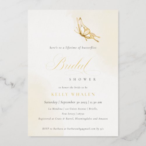 Champagne Gold Watercolor Butterfly Bridal Shower  Foil Invitation