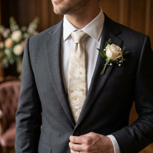 Champagne Gold White Botanical Wedding Groomsmen Neck Tie