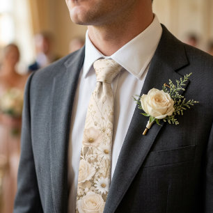 Champagne Gold White Botanical Wedding Groomsmen Neck Tie