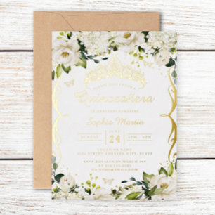 Champagne Gold White Floral Scroll Quinceanera Foil Invitation