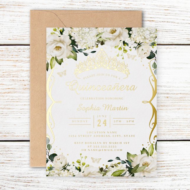 Champagne Gold White Floral Scroll Quinceanera  Foil Invitation (Creator Uploaded)