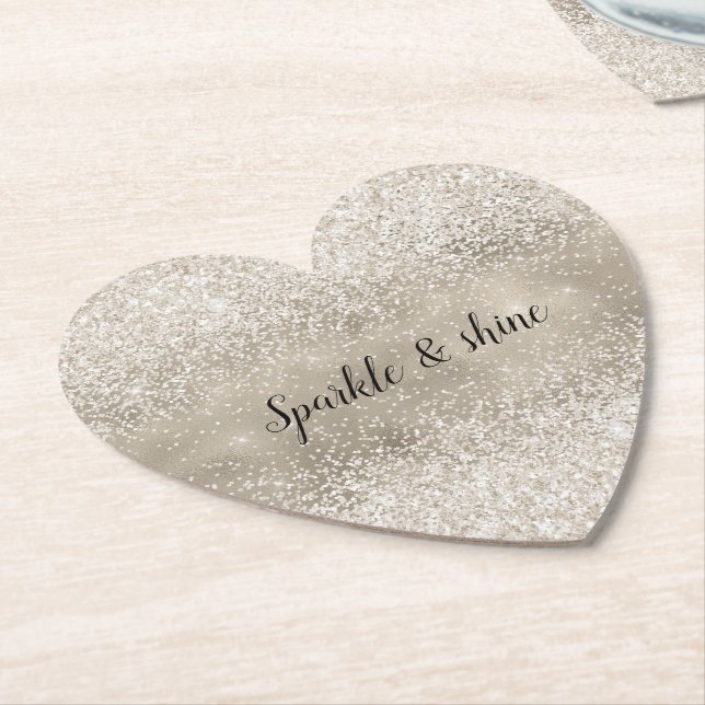 Champagne Gold White Glitzy Glitter Paper Coaster (Angled)