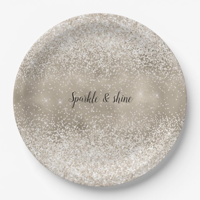 Champagne Gold White Glitzy Glitter Paper Plates (Front)