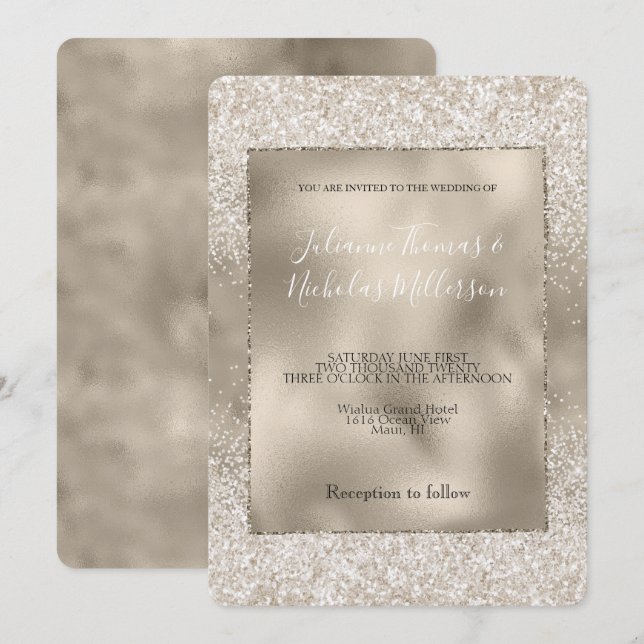 Champagne Gold White Glitzy Glitter Wedding Invitation (Front/Back)