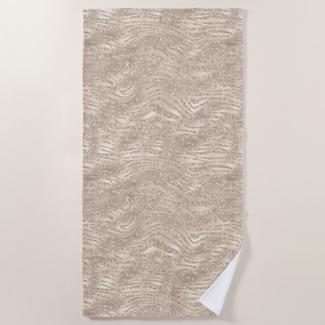 Champagne Gold White Glitzy Glitter Zebra Print Beach Towel (Front)