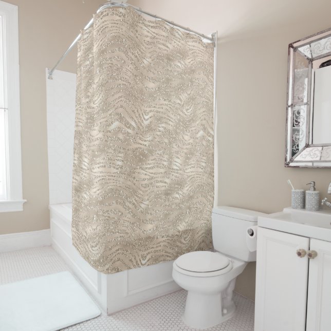 Champagne Gold White Glitzy Glitter Zebra Print Shower Curtain (In Situ)