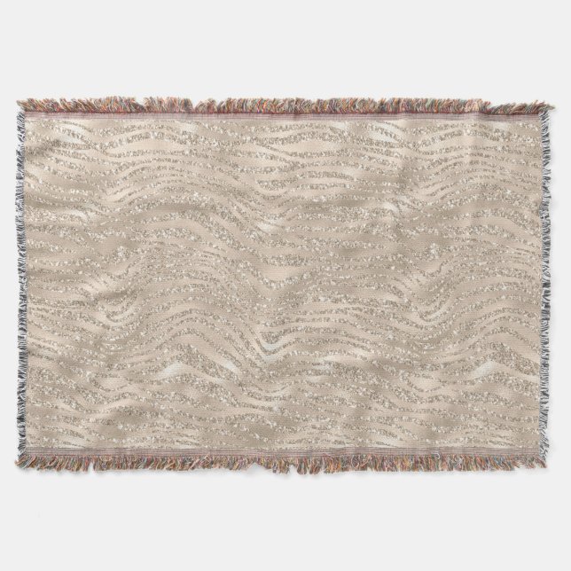 Champagne Gold White Glitzy Glitter Zebra Print Throw Blanket (Front)
