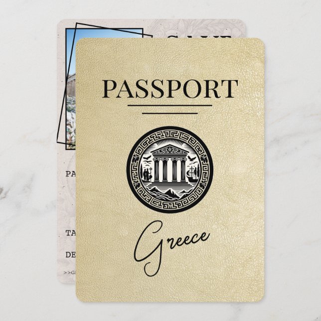 Champagne Greece Passport Save the Date Card (Front/Back)