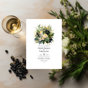 Champagne, Green, and Black Floral Wedding Invitation
