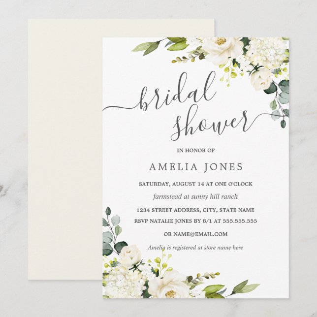Champagne Green Watercolor Floral Bridal Shower Invitation (Front/Back)