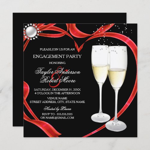 Champagne  Heart Engagement Black Silver red Invitation