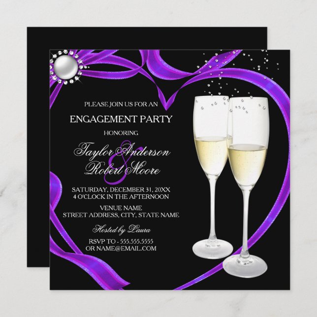 Champagne & Heart Engagement Party Purple Invitation (Front/Back)