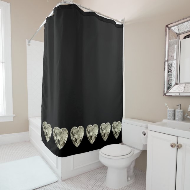 Champagne Hearts Black Shower Curtain (In Situ)