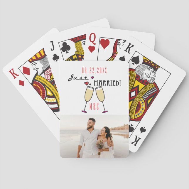 Champagne Hearts Photo Just Married Poker Cards (Back)
