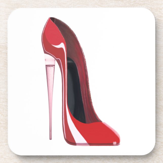 Champagne heel red stiletto shoe art beverage coaster (Front)
