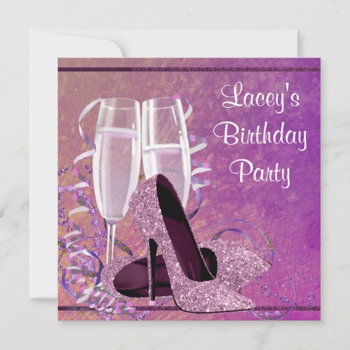 Champagne High Heel Womans Hot Pink Birthday Party Invites