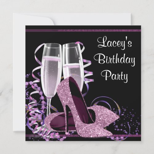 Champagne High Heel Womans Hot Pink Birthday Party Invitation