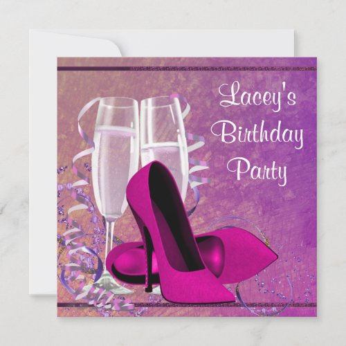 Champagne High Heel Womans Hot Pink Birthday Party Announcement