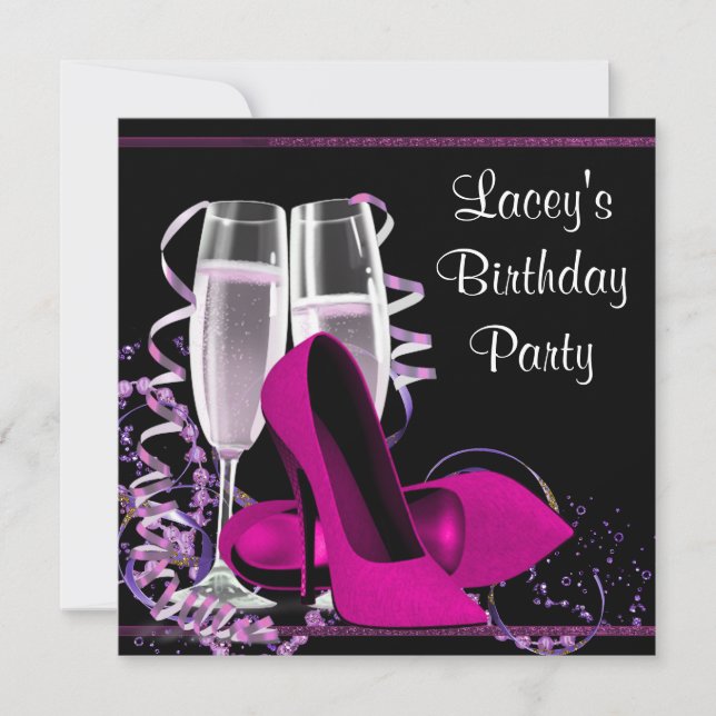 Champagne High Heel Womans Hot Pink Birthday Party Invitation (Front)