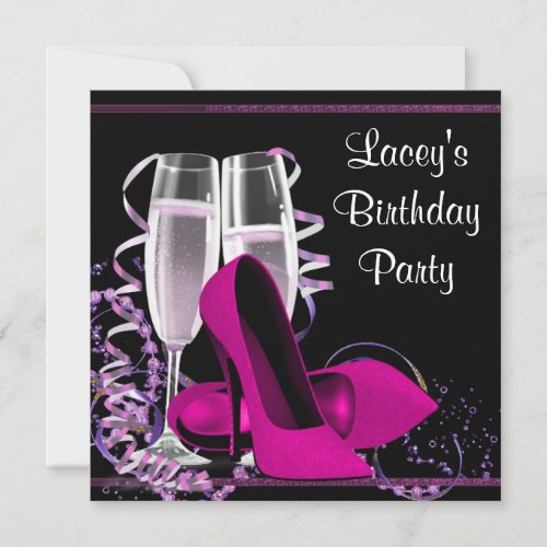 Champagne High Heel Womans Hot Pink Birthday Party Custom Announcement