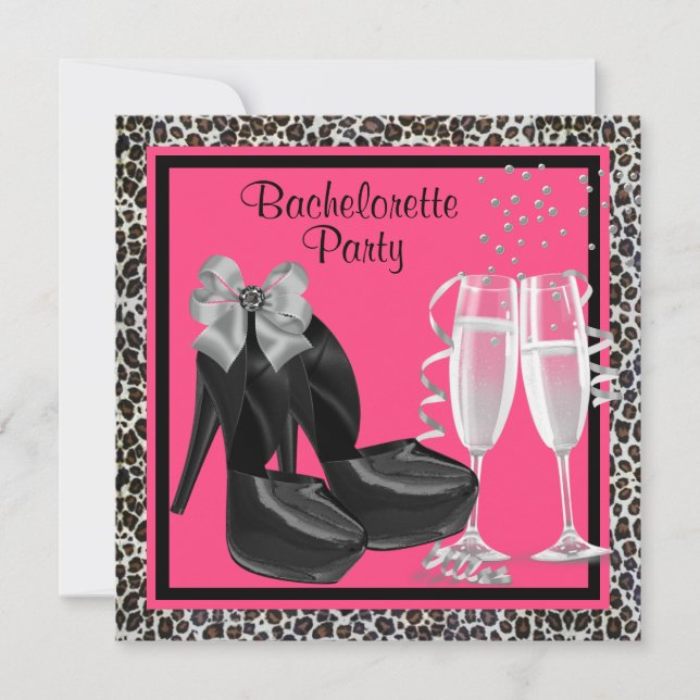 Champagne High Heels Hot Pink Leopard Bachelorette Invitation (Front)