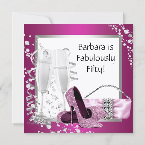 Champagne High Heels Womans Pink &amp; Black Birthday Personalized Announcement