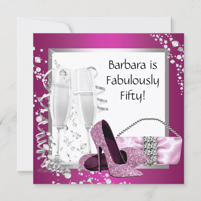 Champagne High Heels Womans Pink Black Birthday Invitation (Front)