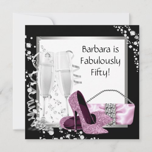 Champagne High Heels Womans Pink &amp; Black Birthday Custom Invitation