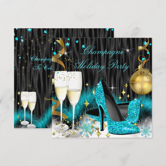 Champagne Holiday Party Teal Blue High Heels Invitation (Front/Back)