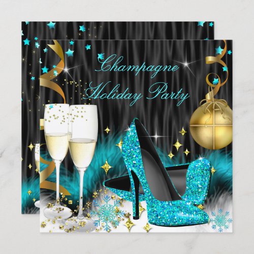 Champagne Holiday Party Teal Blue High Heels Invitation