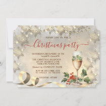 Champagne Holly Berry Gold Snowflakes Company Invitation