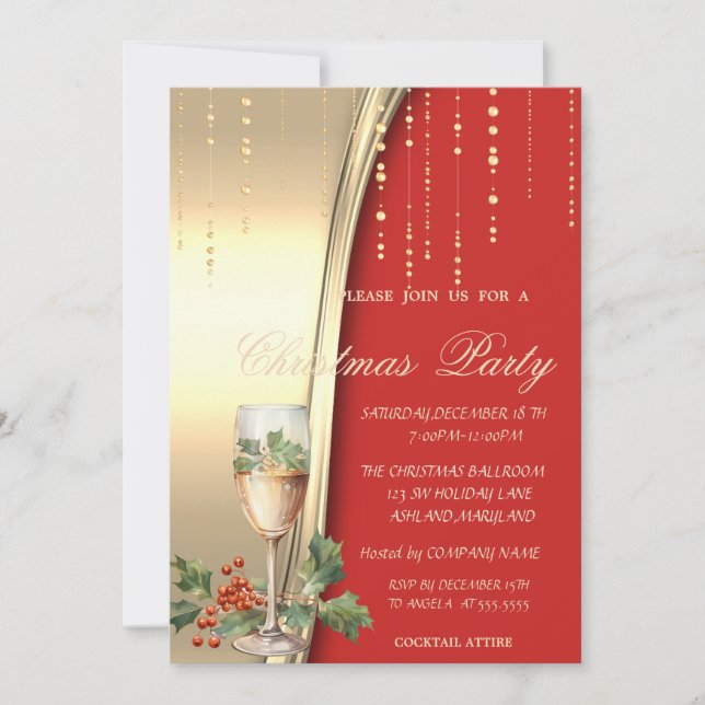 Champagne Holly Berry,Red,Gold Corporate Party Invitation (Front)