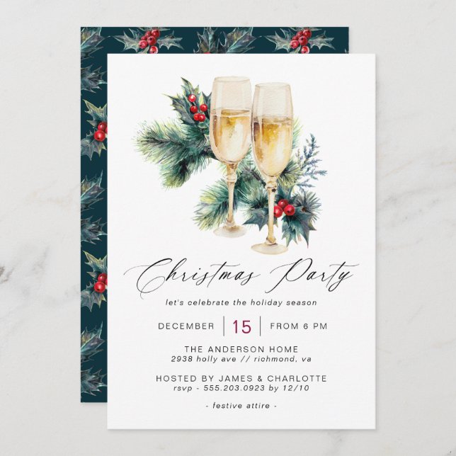 Champagne Holly | Fun Fancy Adult Christmas Party Invitation (Front/Back)