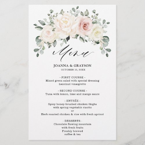 Champagne Ivory Blush Floral Greenery Wedding Menu